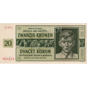 20 K Zwanzig kronen 24.1.1944, séria 37G, perforácia SPECIMEN