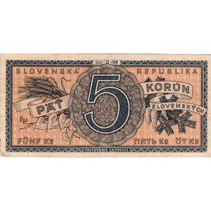 5 Ks Päť korún b.l. 1945, séria D026, neperforovaná, stav 2-