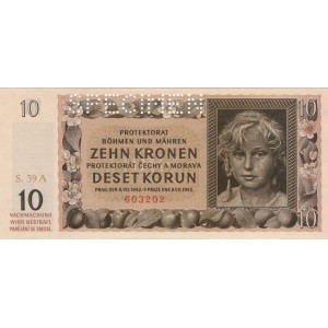 10 K Zehn kronen 8.7.1942, séria 39A, perforácia SPECIMEN, stav N