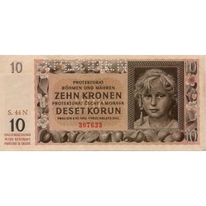 10K II. Zehn kronen 8.7.1942, séria 44N, perforácia SPECIMEN, stav 1