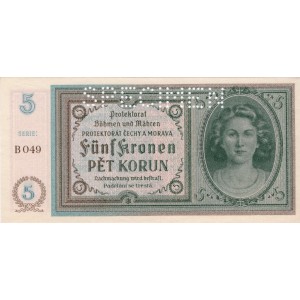 5 K Funf kronen b.l. 1940, séria B026, B049, perforácia SPECIMEN