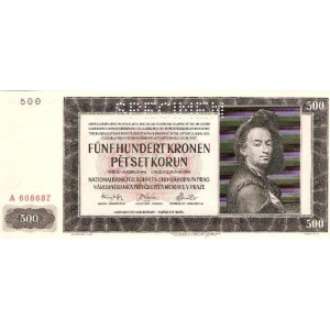 500 K Funf hundert kronen 24.2.1942, séria A, D, J, G, H perforácia SPECIMEN